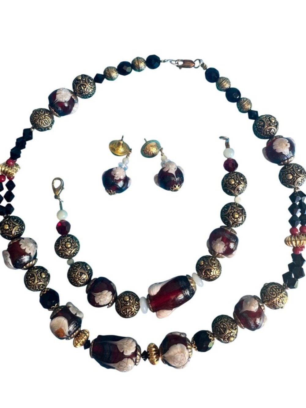Vintage Venetian Wedding Cake Art Glass Bead Necklace Bracelet Earring Set GF - Picture 3 of 7